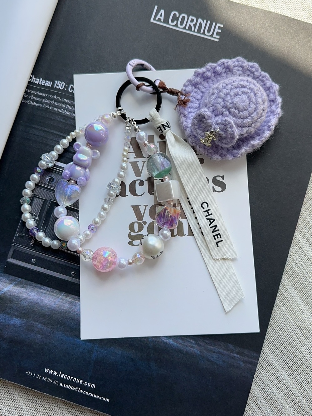 Authentic CC Ribbon with unbranded Lavender Crochet Hat Beaded Bag Charm